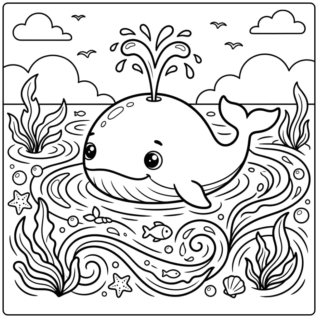 Cheerful Whale at the Water Surface coloring page