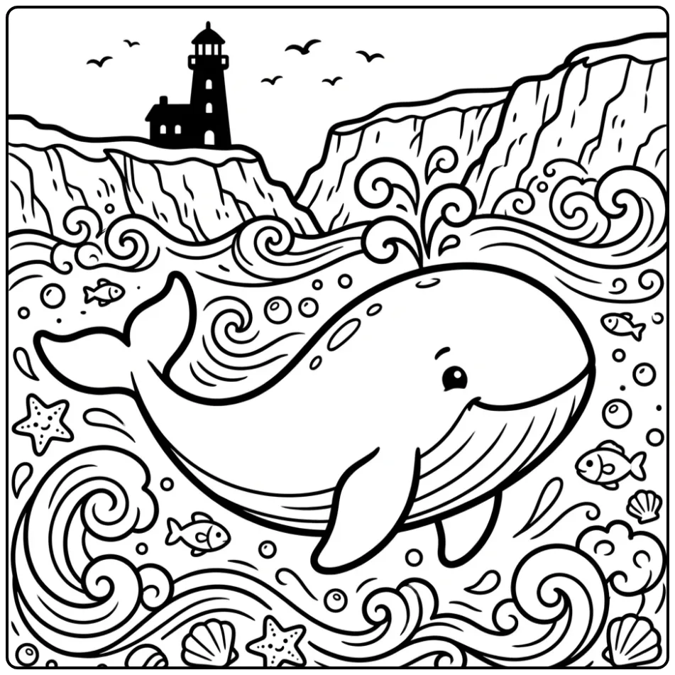 Cheerful Whale by the Coast with a Lighthouse coloring page