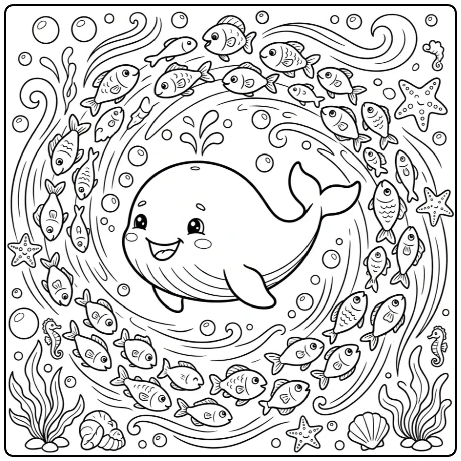 Cheerful Whale with Bubbles and Fish coloring page