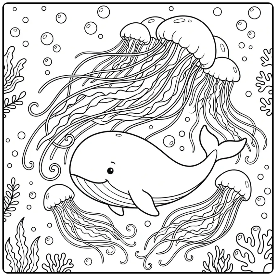 Cheerful Whale with Bubbles and Seaweed coloring page