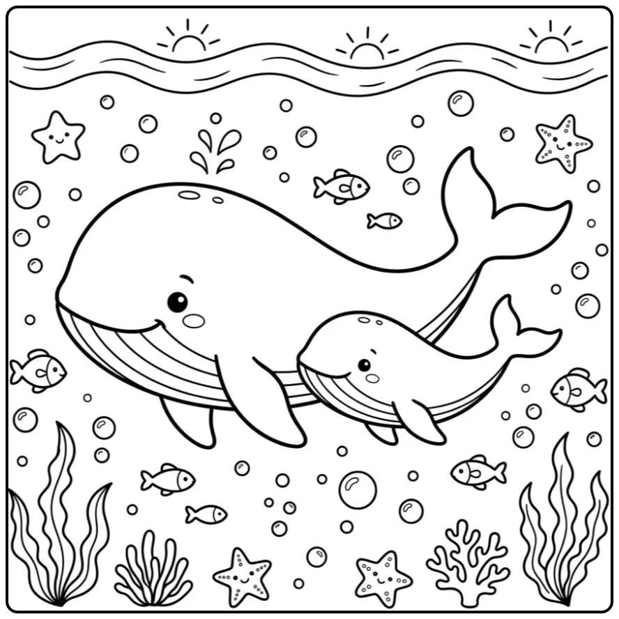 Cheerful Mother Whale and Calf coloring page