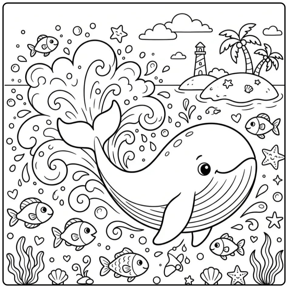 Cheerful Whale with Splashing Tail and Small Islands coloring page