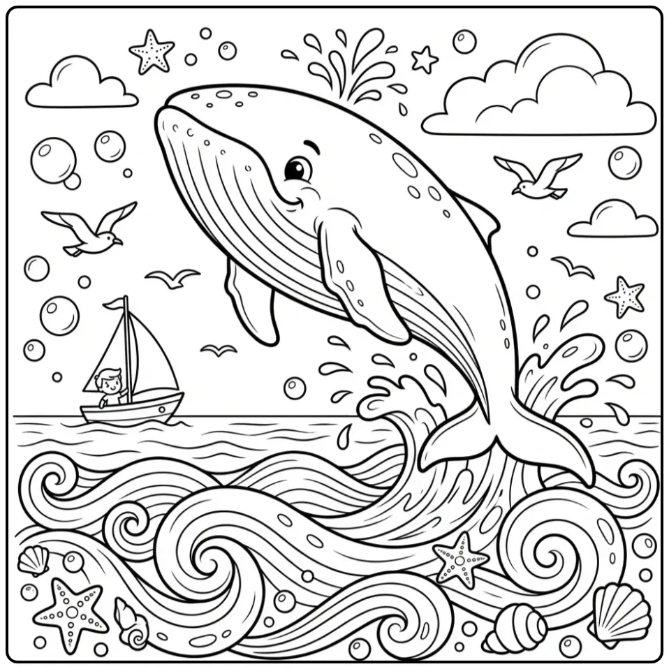 Cheerful Whale with a Sailboat and Waves coloring page