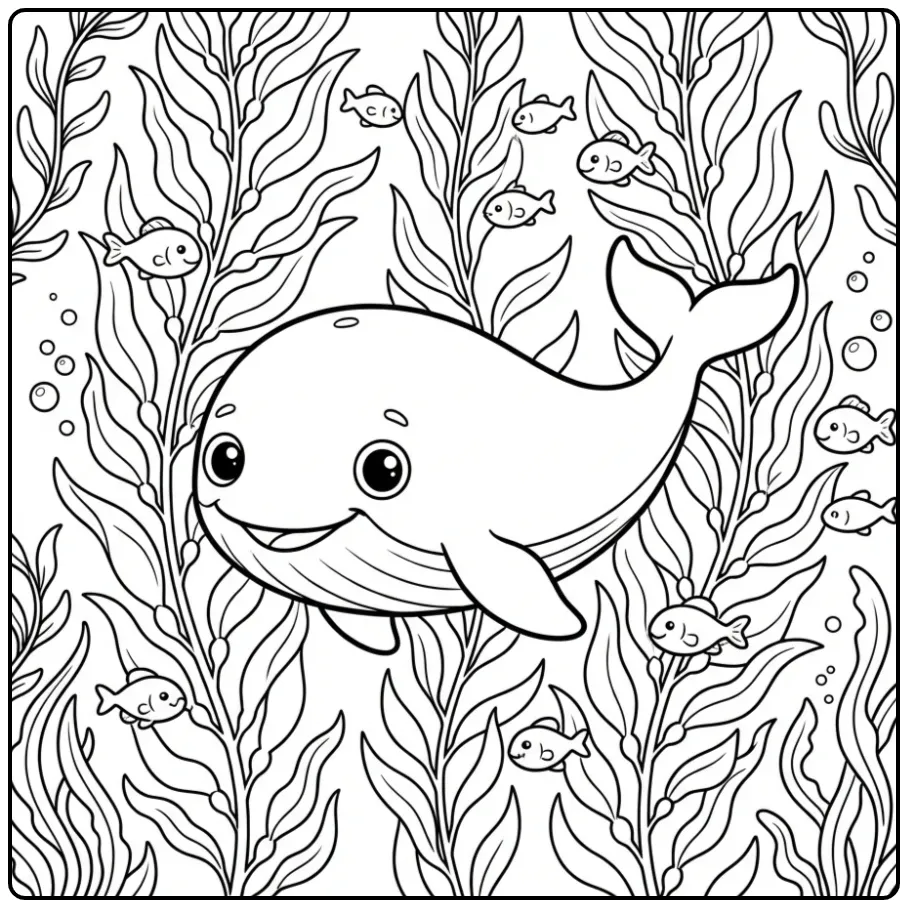 Cheerful Whale Swimming Among the Seaweed coloring page