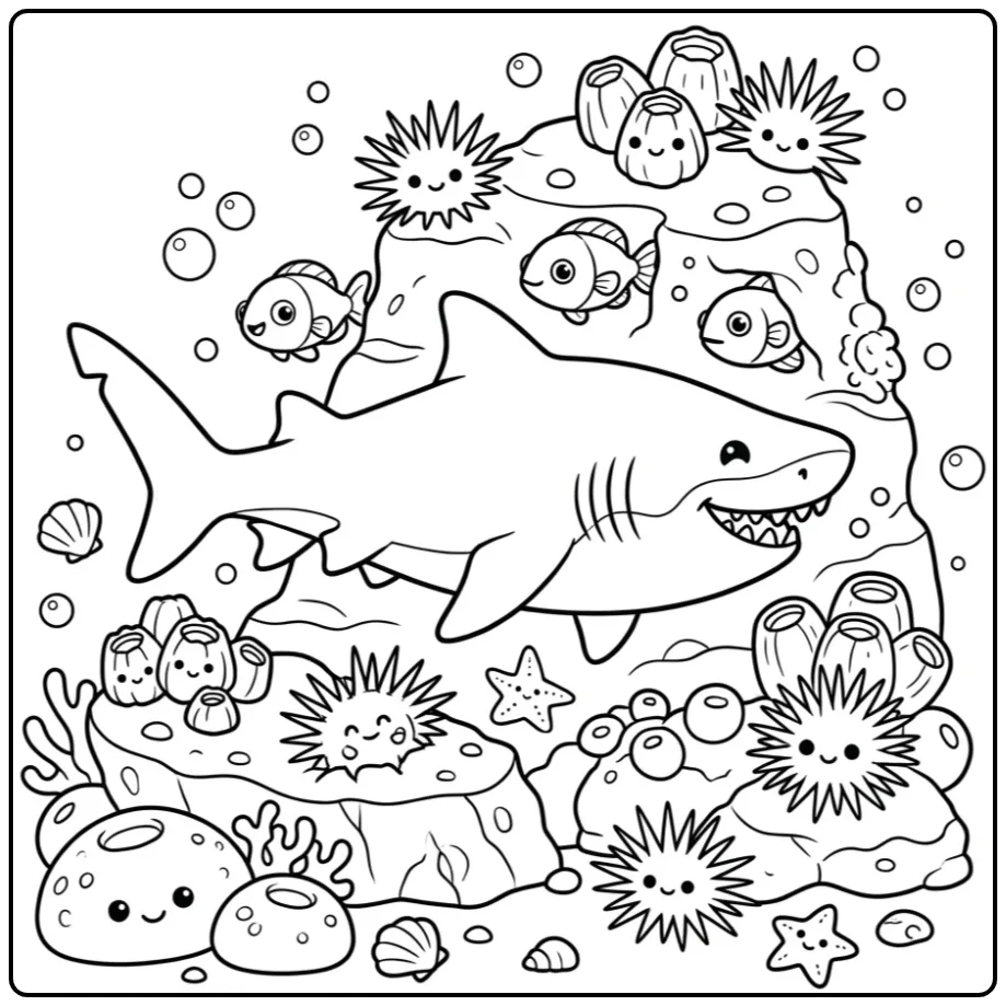 Cheerful Sand Tiger Shark with Coral and Fish coloring page