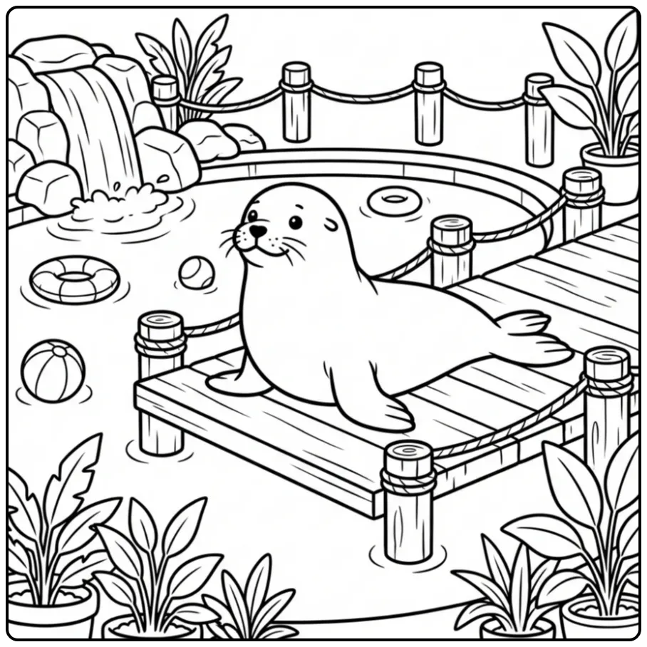 Sea lion coloring page showing a sea lion on a wooden dock