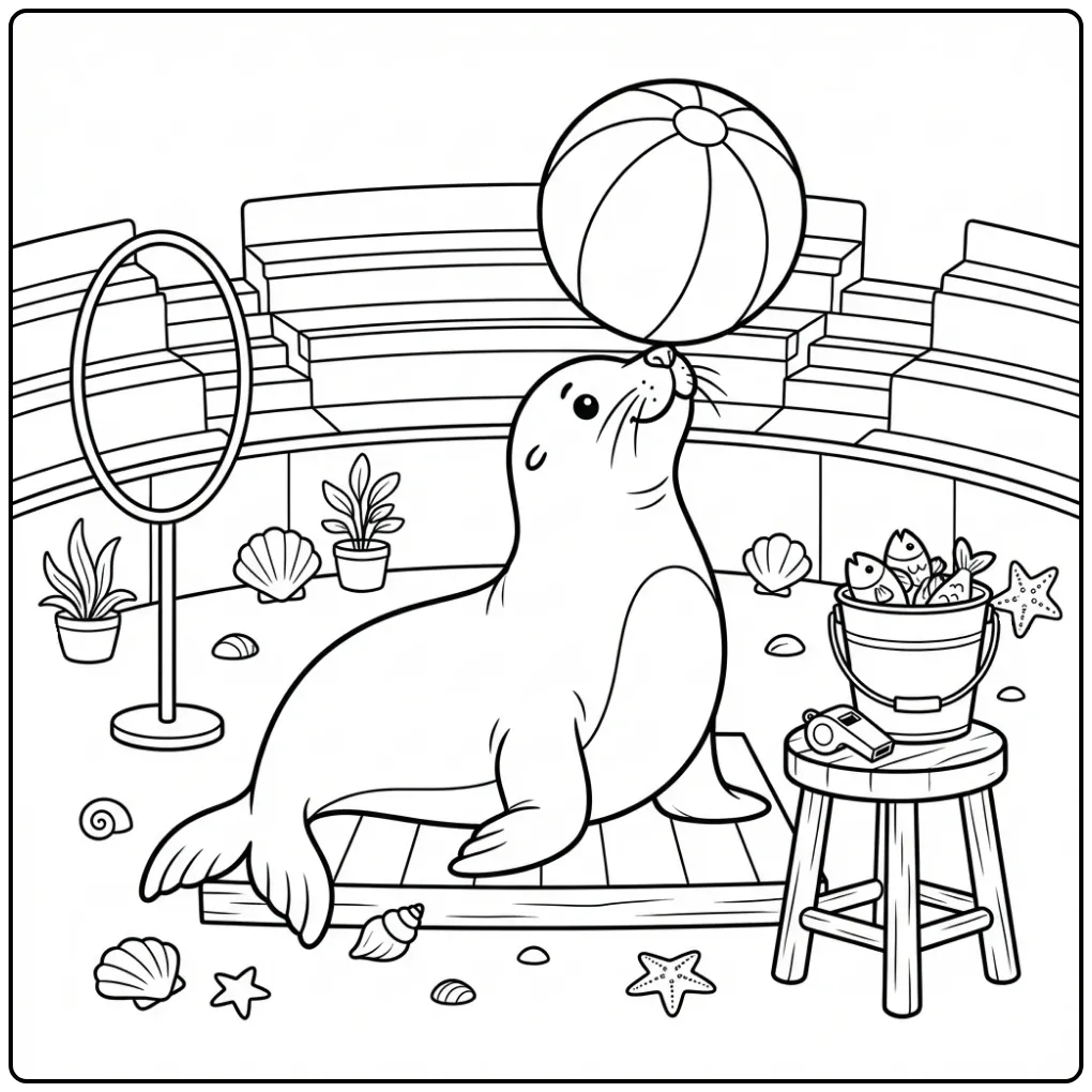Sea lion coloring page showing a sea lion with a beach ball
