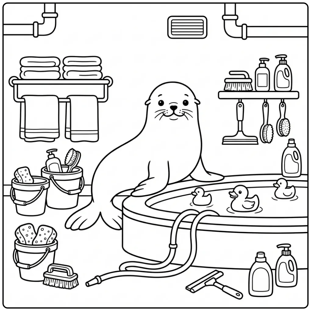 Sea lion coloring page showing a sea lion in the wash area