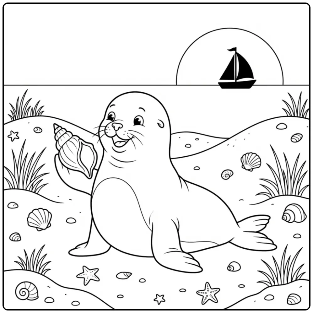 Sea lion coloring page featuring a sea lion on the beach with a shell