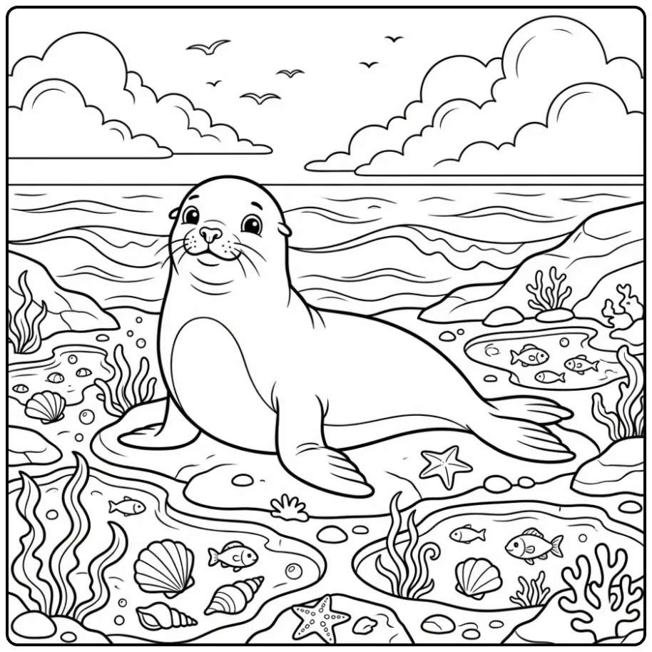 Sea lion coloring page featuring a sea lion on the rocks