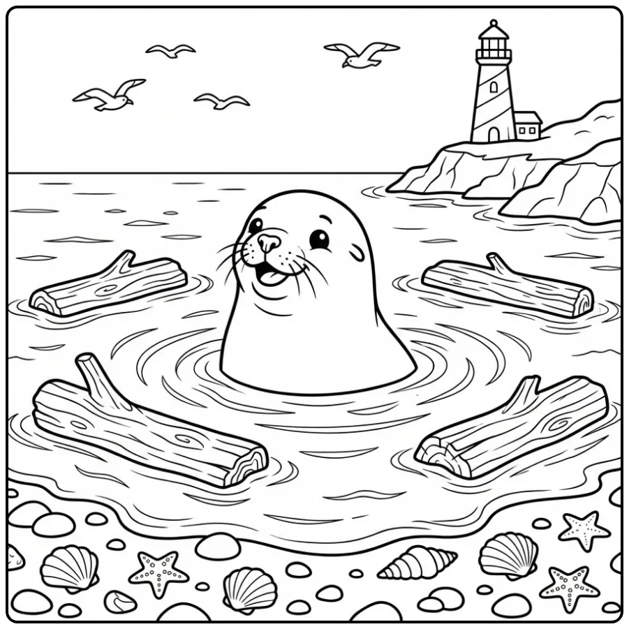 Sea lion coloring page featuring a sea lion by a lighthouse