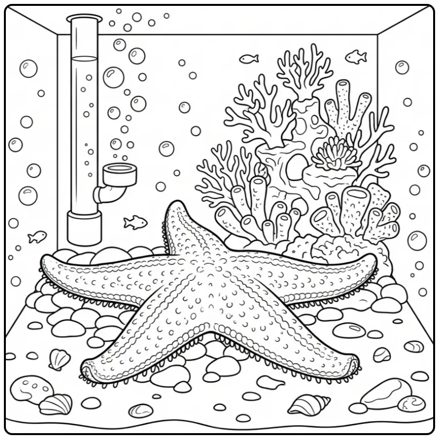 Cute starfish coloring page in an aquarium with bubbles