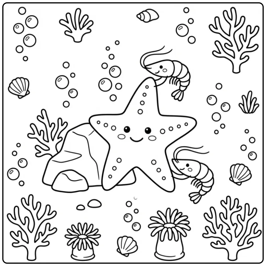 Cute starfish coloring page with two small shrimp