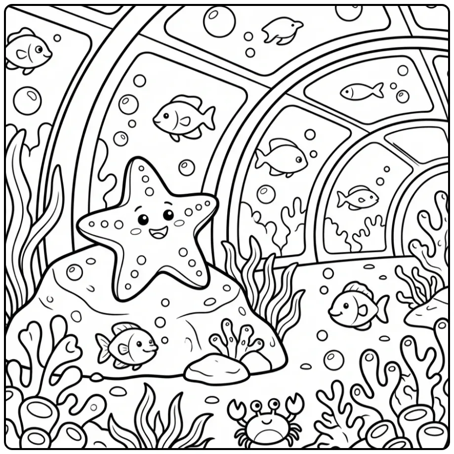 Cute starfish coloring page in an aquarium tunnel