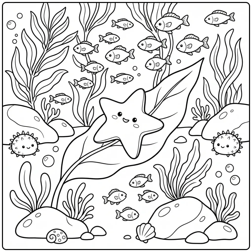 Starfish coloring page on a large kelp leaf