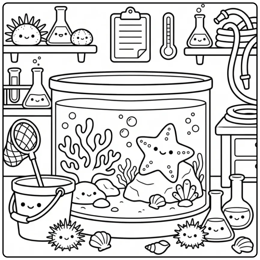 Starfish coloring page in a tank with a bucket and net
