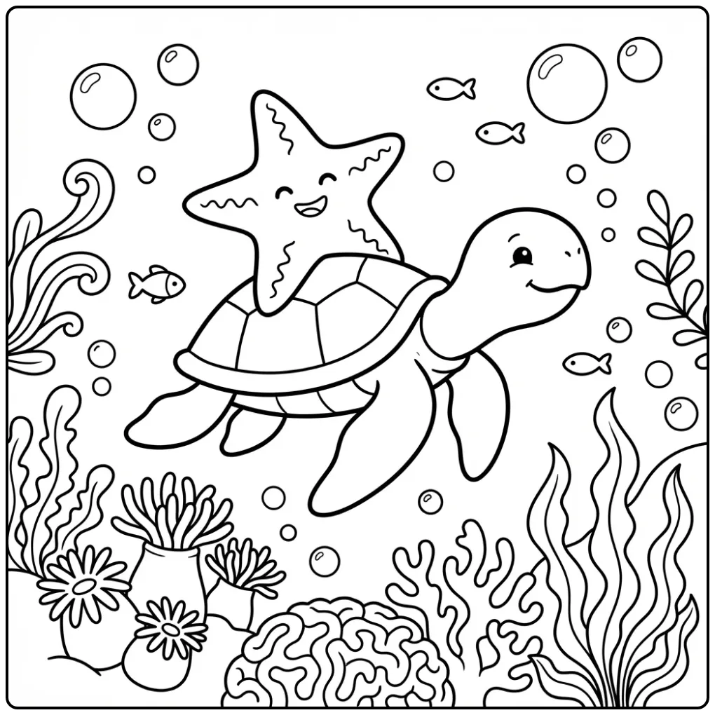 Starfish coloring page of a starfish riding on a turtle