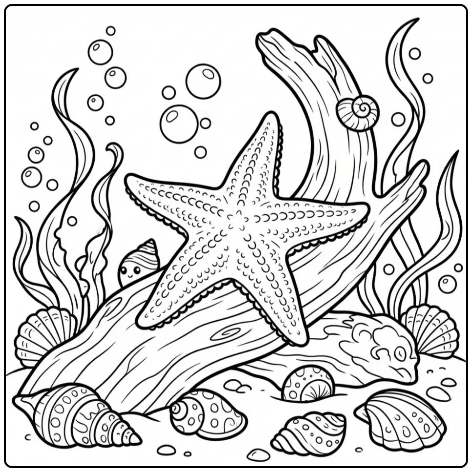 Cute starfish coloring page on driftwood with shells and bubbles