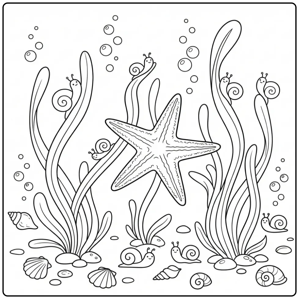 Cute starfish coloring page in sea grass with bubbles and snails
