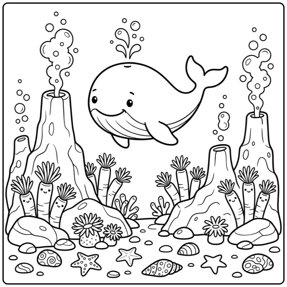 Whale with Deep Sea Volcanoes and Bubbles coloring page