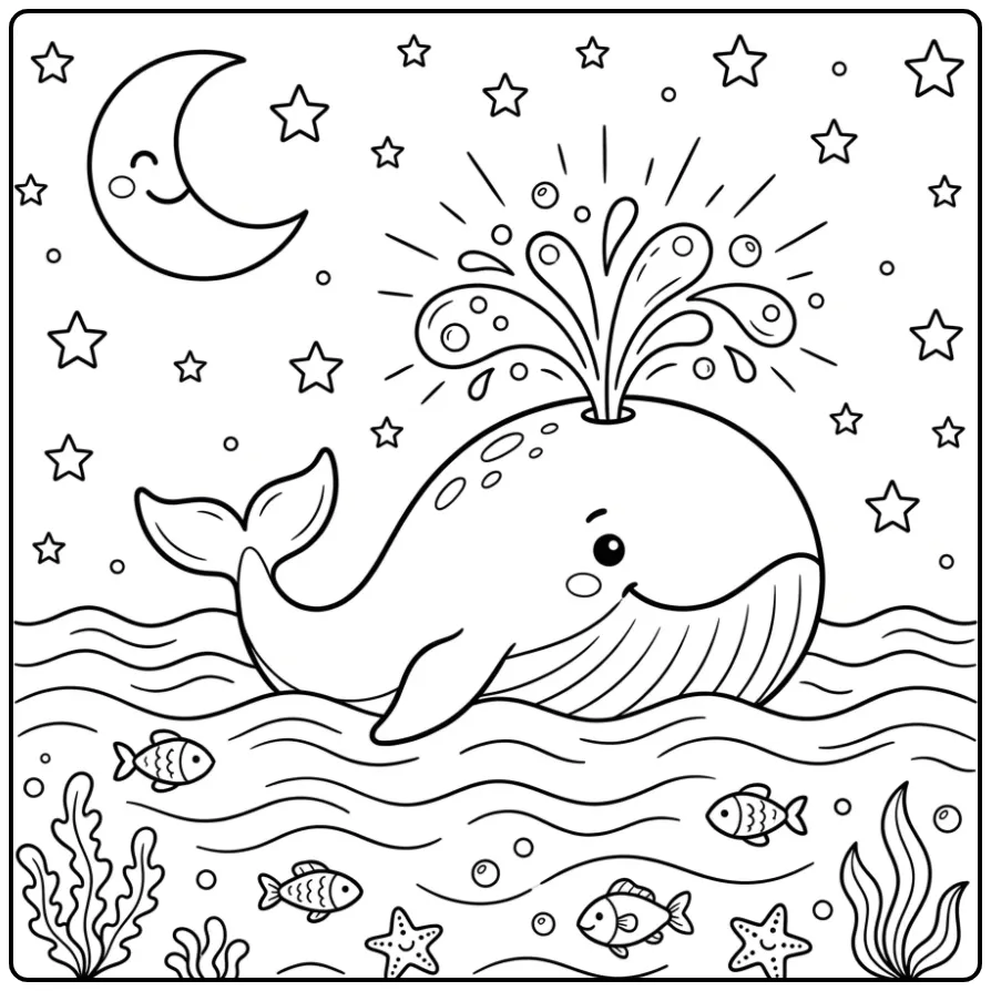 Whale Moon and Stars in the Night coloring page