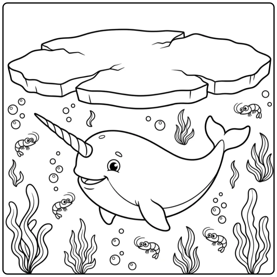 Whale and Narwhal Swimming Under Sea Ice coloring page