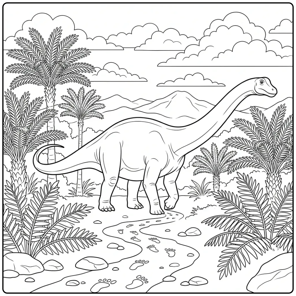 Realistic Diplodocus coloring page with ferns and mountains