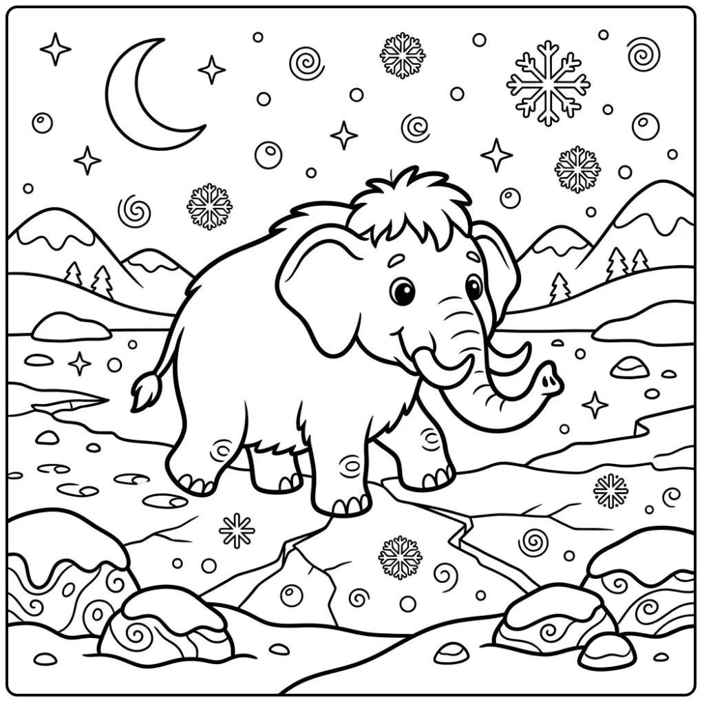Walking Mammoth in a Nighttime Winter Landscape coloring page