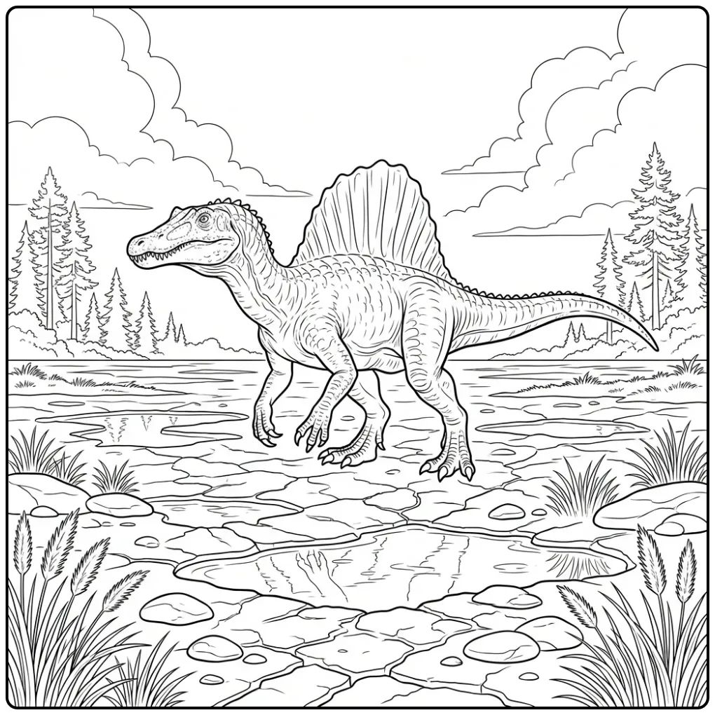 Realistic Spinosaurus coloring page on cracked mud
