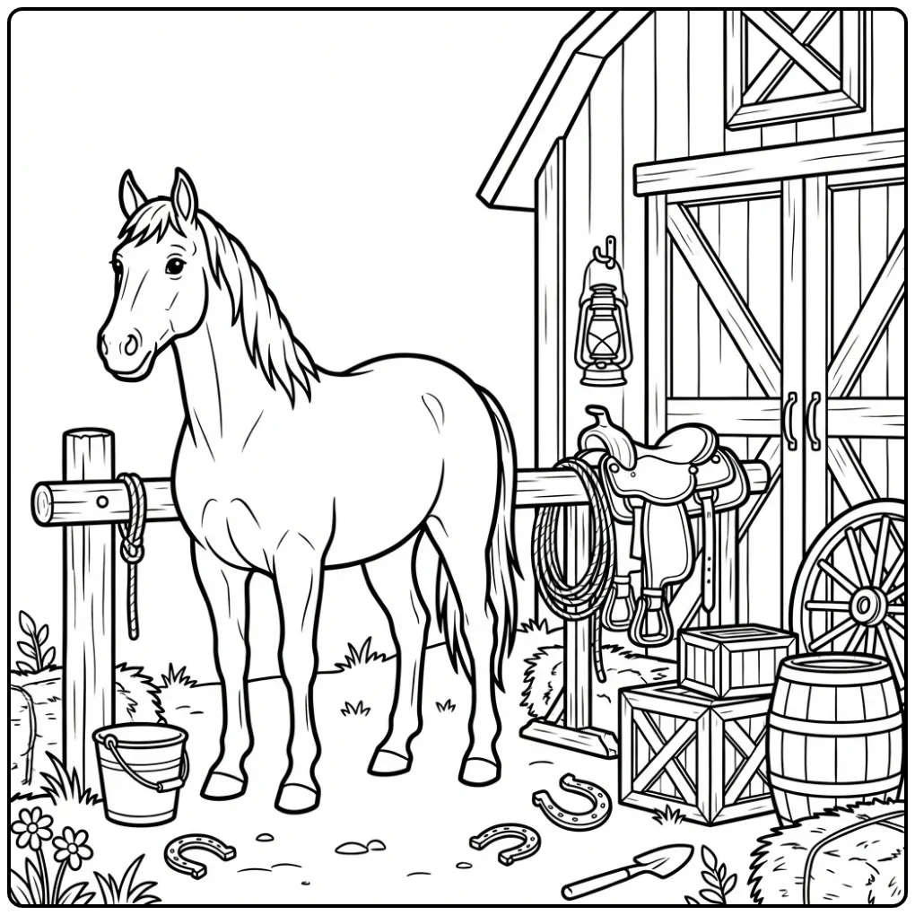 Western Horse with the Stable coloring page