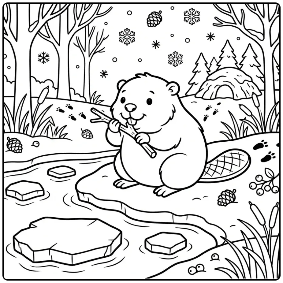 Cute beaver coloring page in a snowy winter landscape