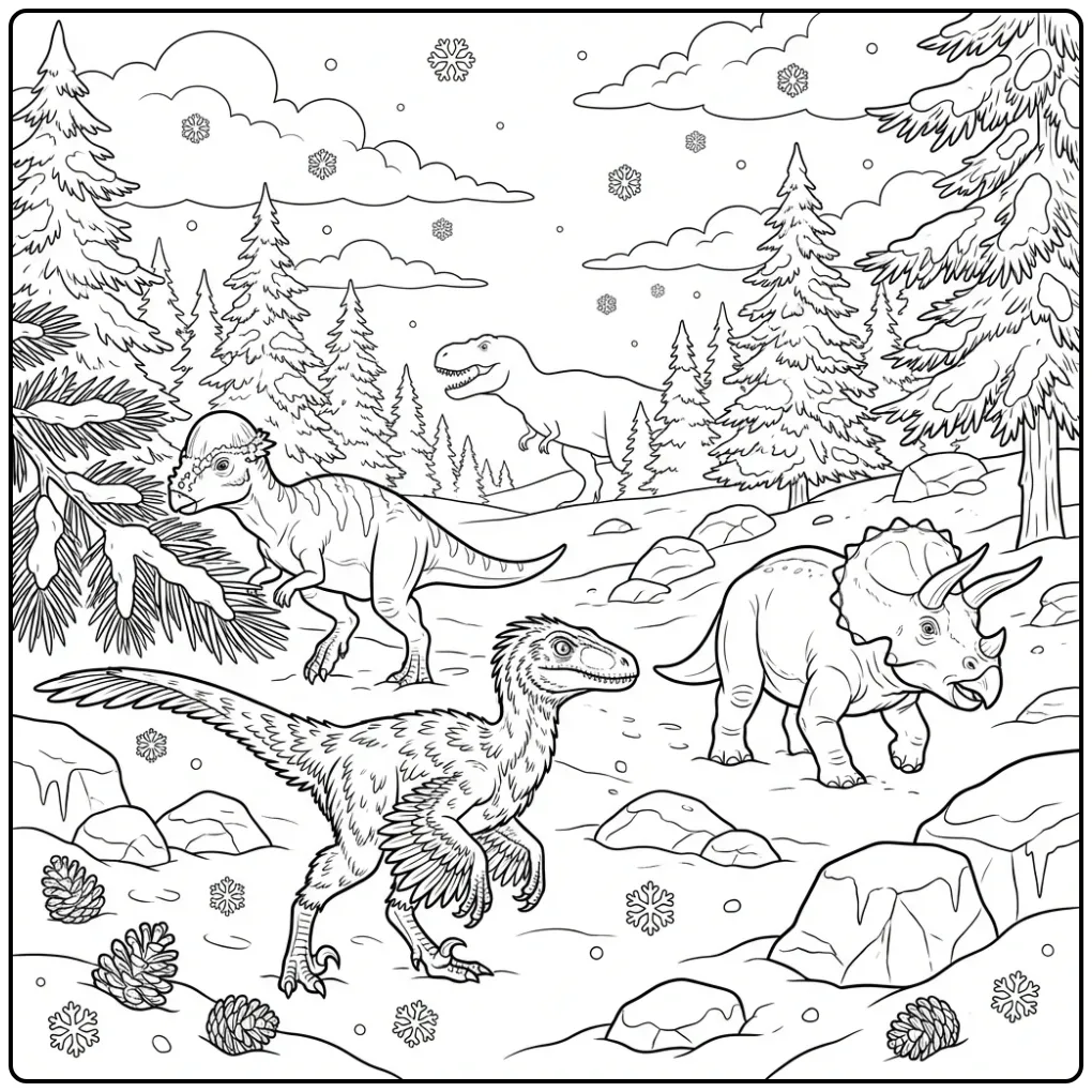 Wintry Dinosaur Predators in the Snow coloring page
