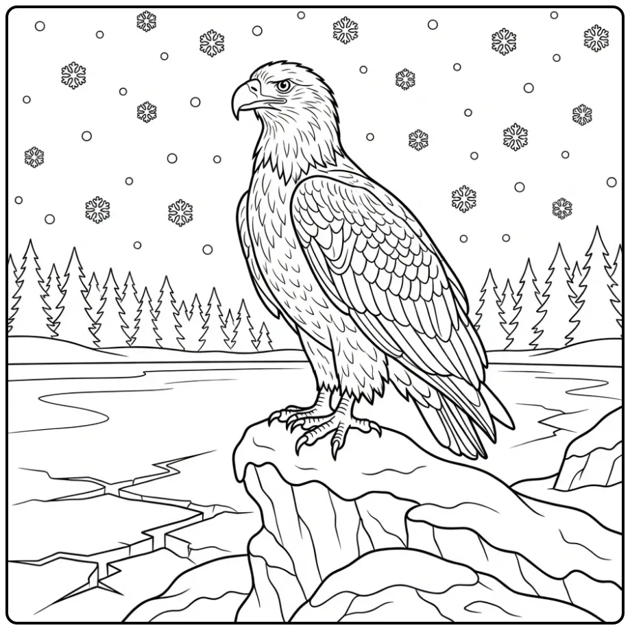 Wintry Eagle with a Frozen Lake coloring page