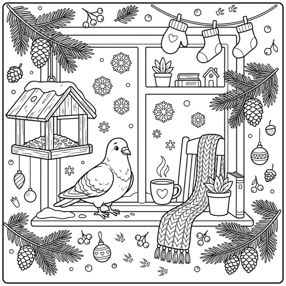 Wintry Dove by the Window with Snowflakes coloring page