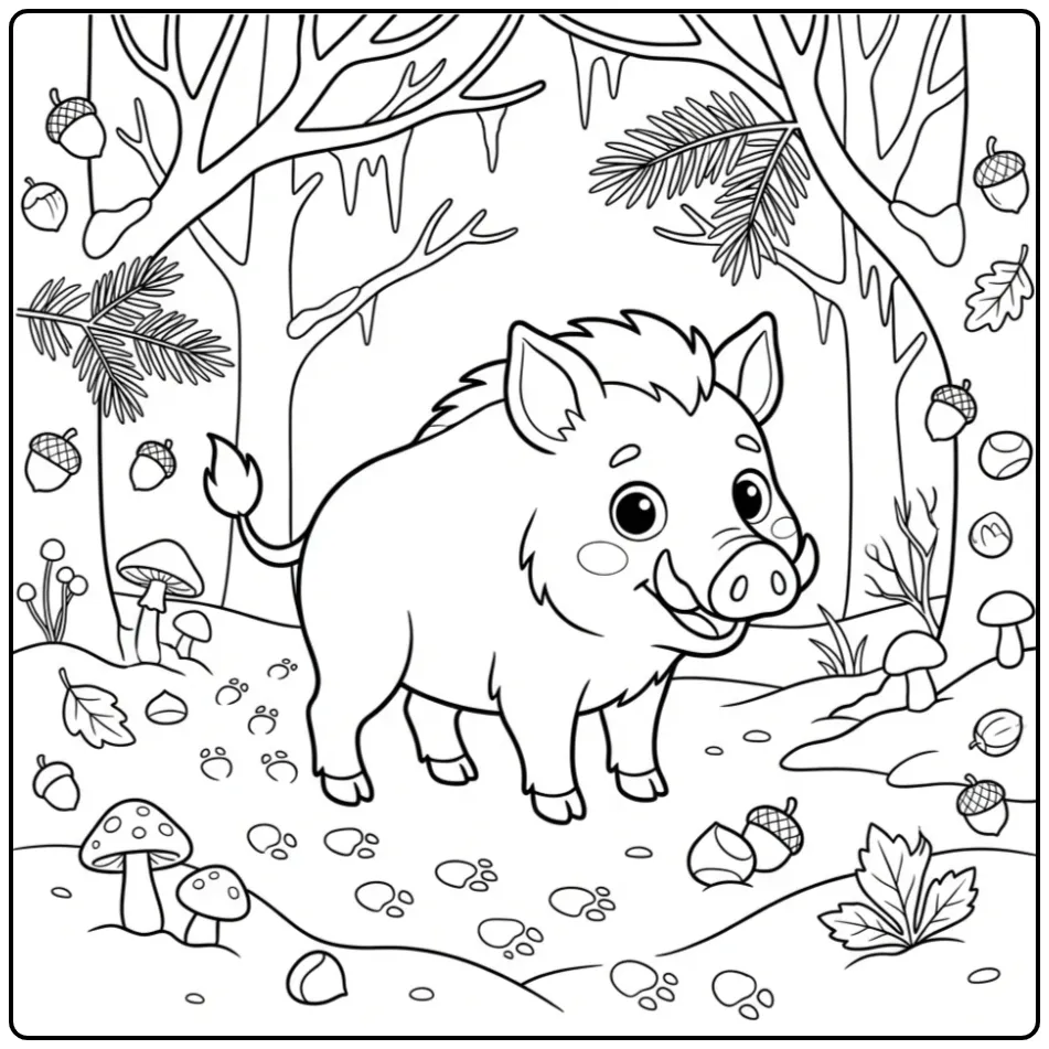 Wild boar coloring page in the snow with nuts