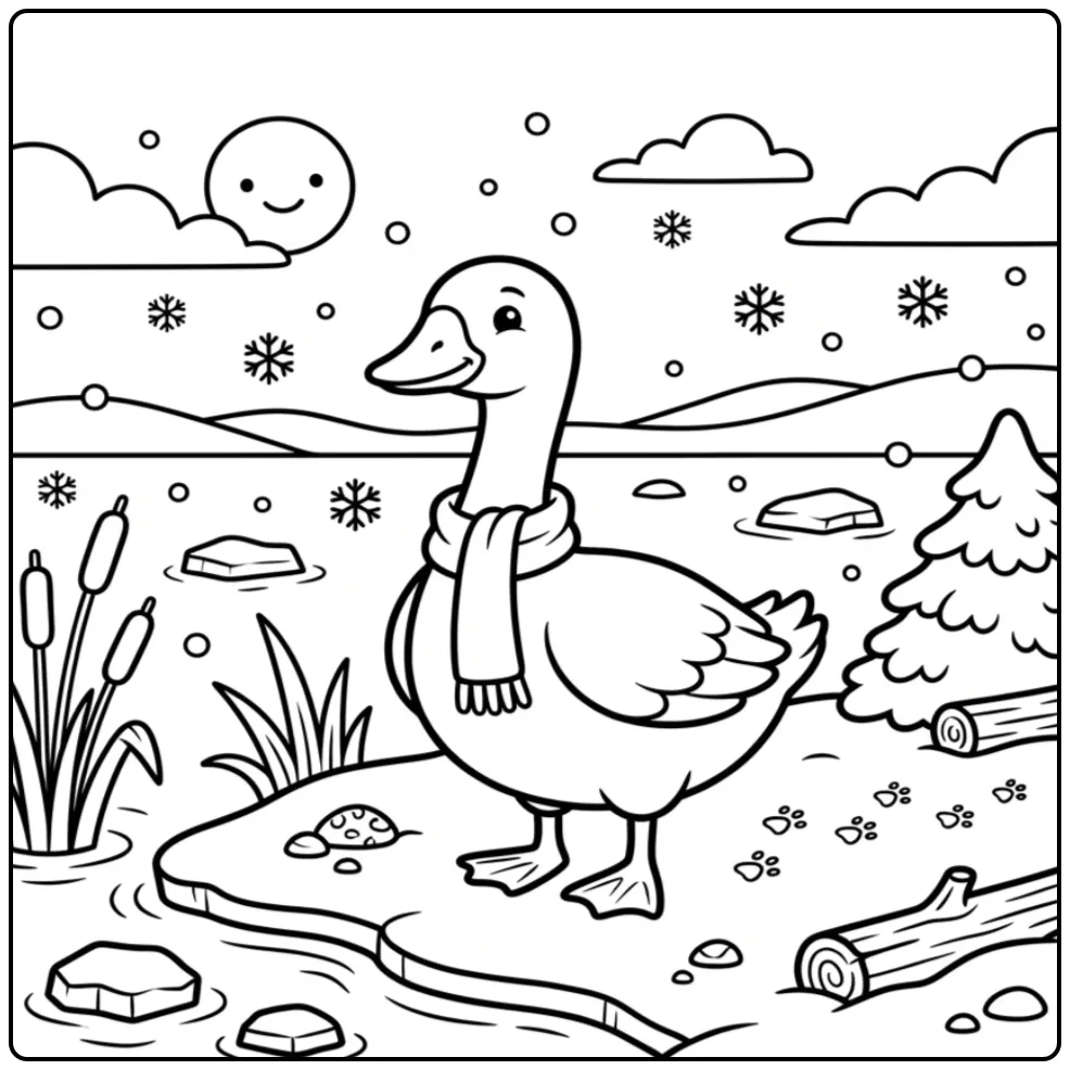 Goose coloring page in snow by a frozen lake