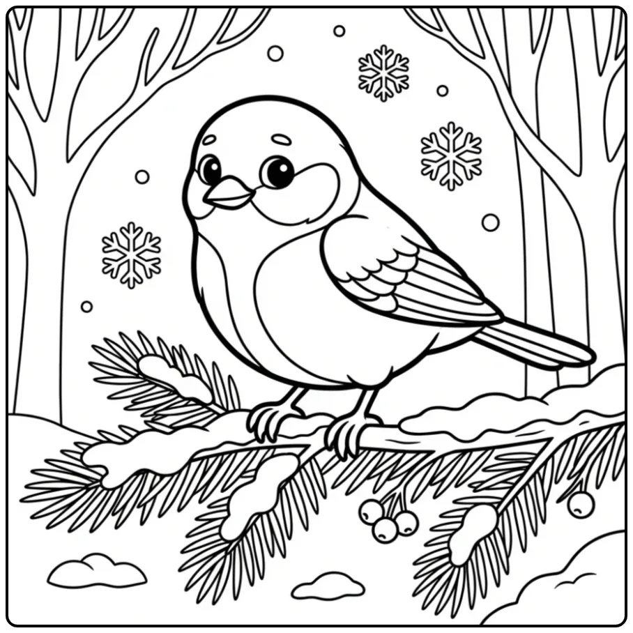 Great tit coloring page on a snowy branch