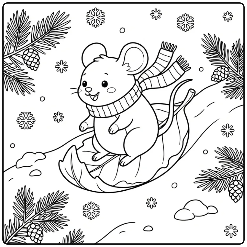Wintry Mouse Sledding on a Large Leaf coloring page