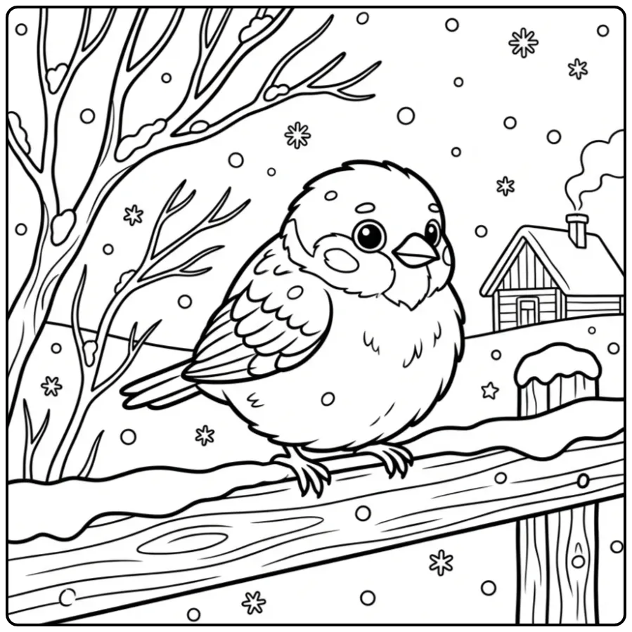 Wintry Sparrow on a Fence with Falling Snow coloring page