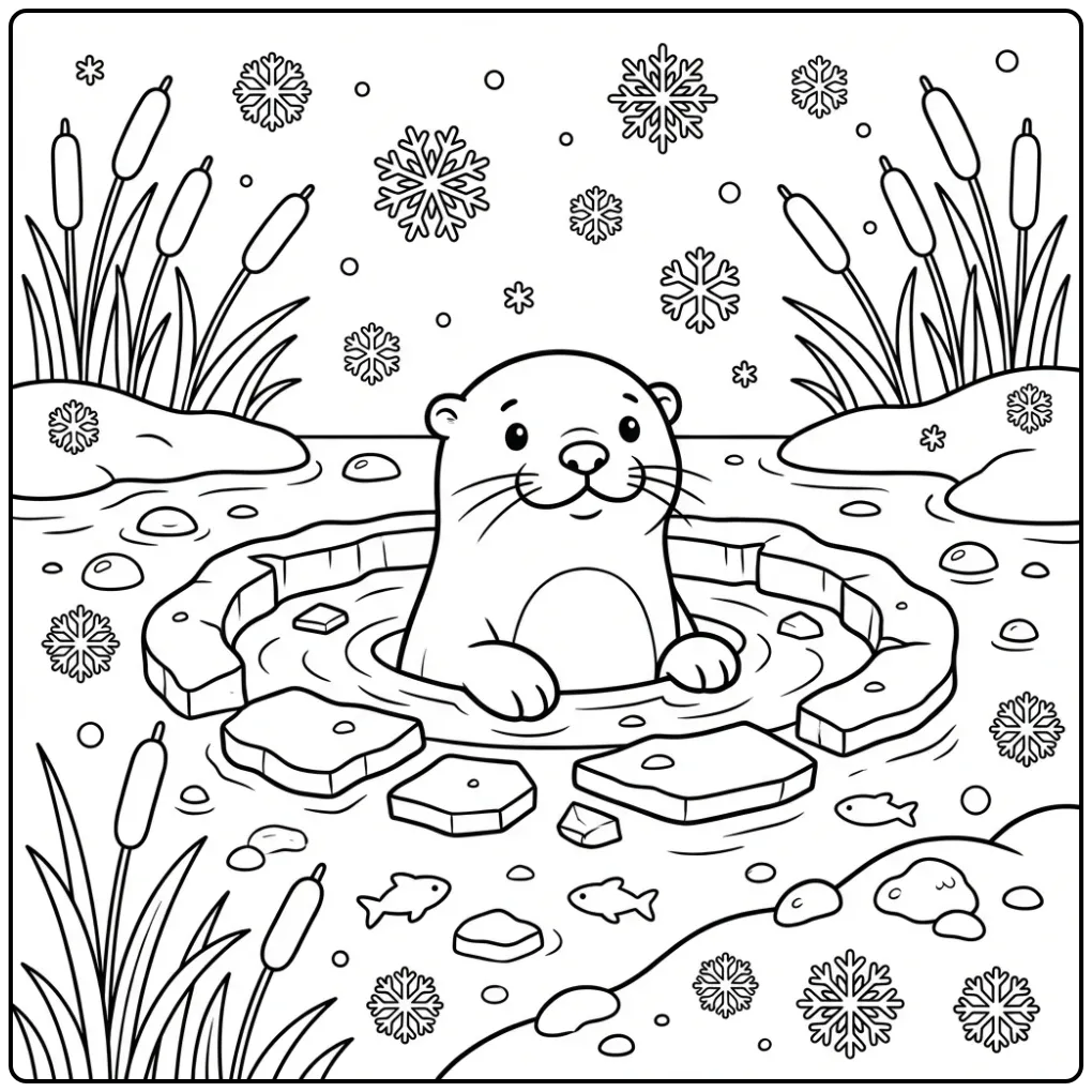Otter coloring page featuring an otter in winter