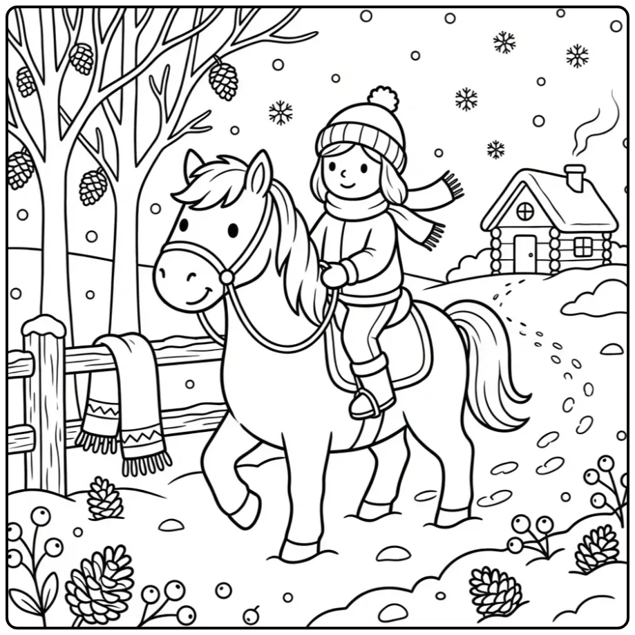 Wintry Horse with Rider in the Snow coloring page