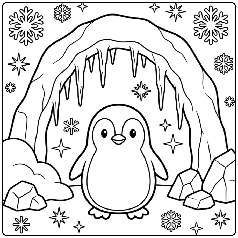 Wintry Penguin Under an Ice Arch with Snow coloring page
