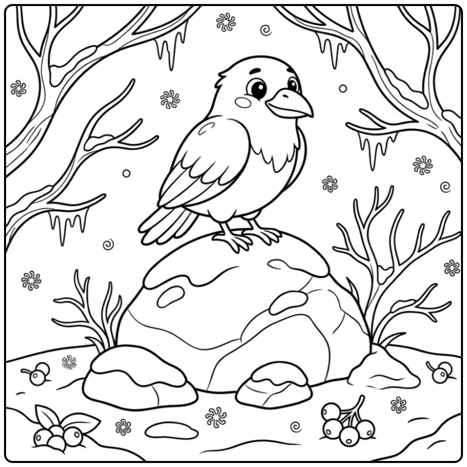 Wintry Raven with Berries and Snowflakes coloring page