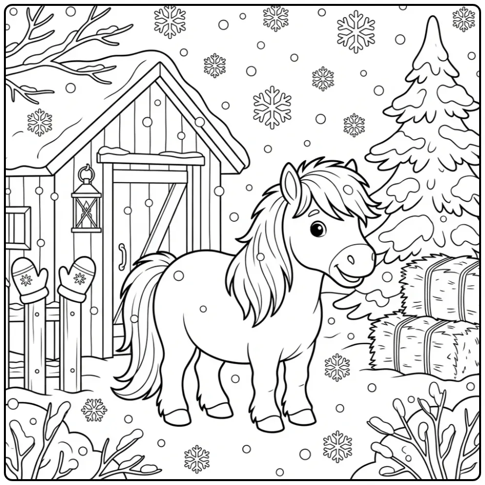 Wintry Shetland Pony with Snow and Hay Bales coloring page
