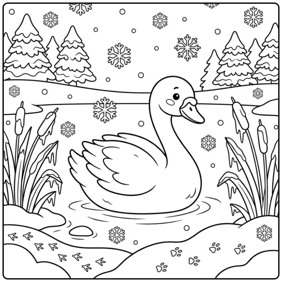 Swan coloring page on a frozen lake