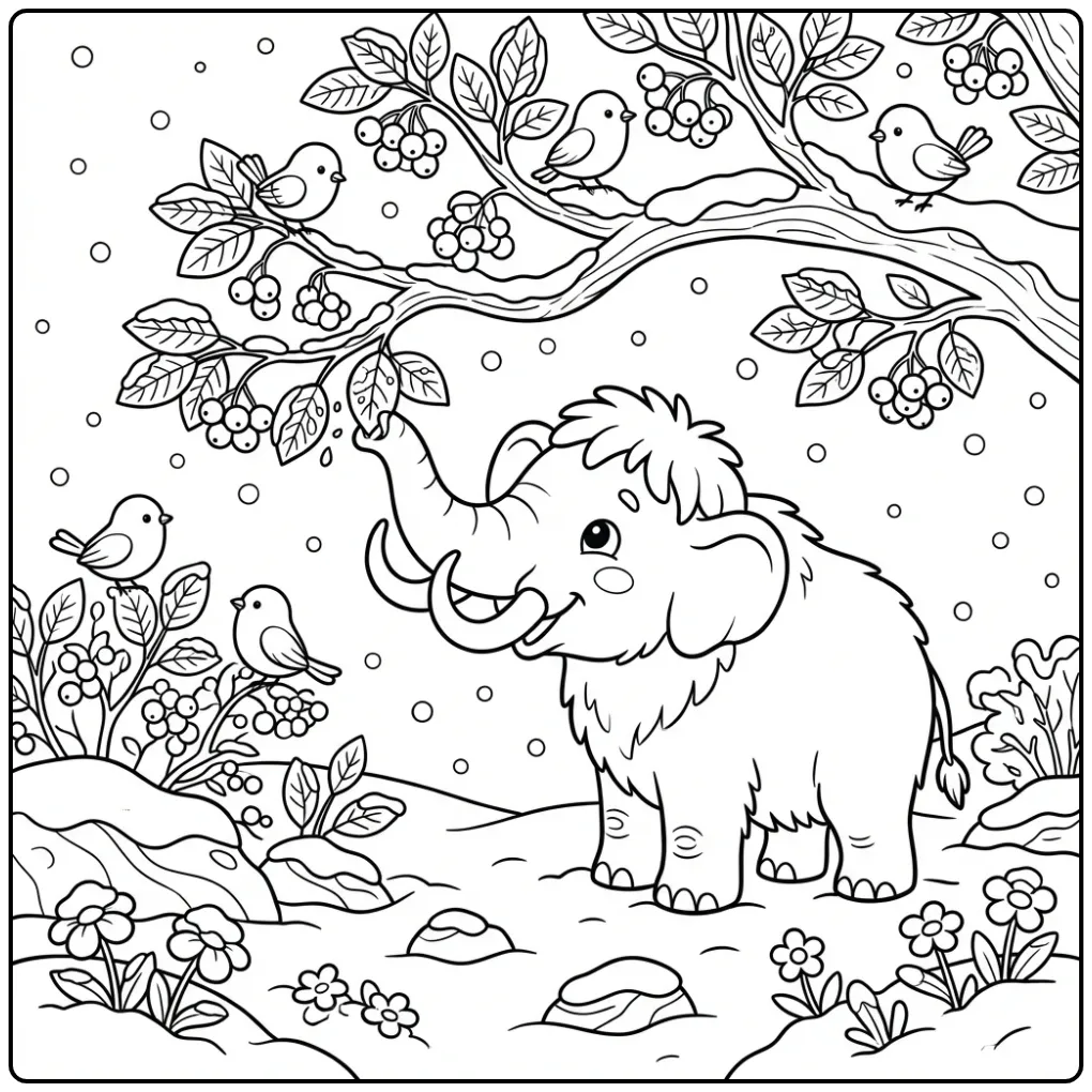 Wintry Mammoth Little Birds and Berries coloring page