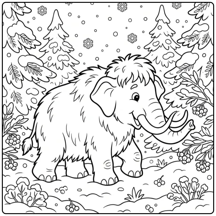 Wintry Mammoth Among the Pine Trees coloring page