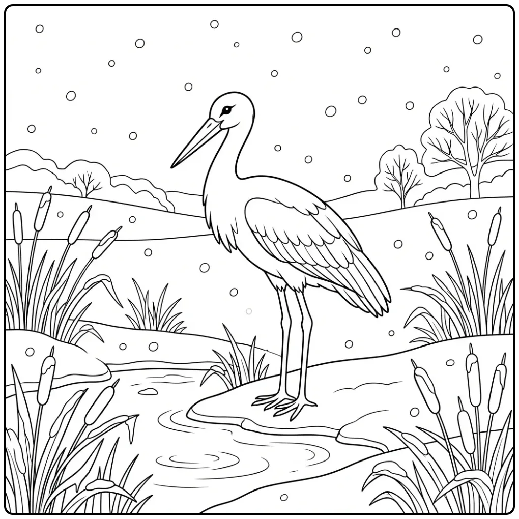 Wintry Stork in the Snow coloring page