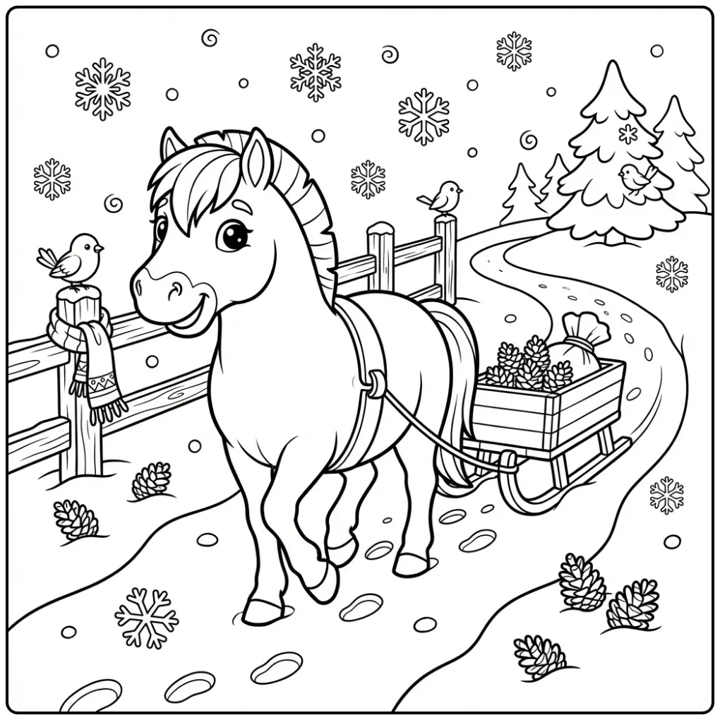 Wintry Fjord Horse with Wooden Sleigh coloring page