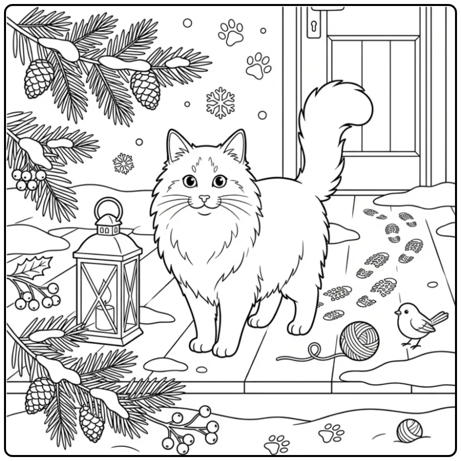 Wintry Cat on a Snowy Veranda with Lantern coloring page